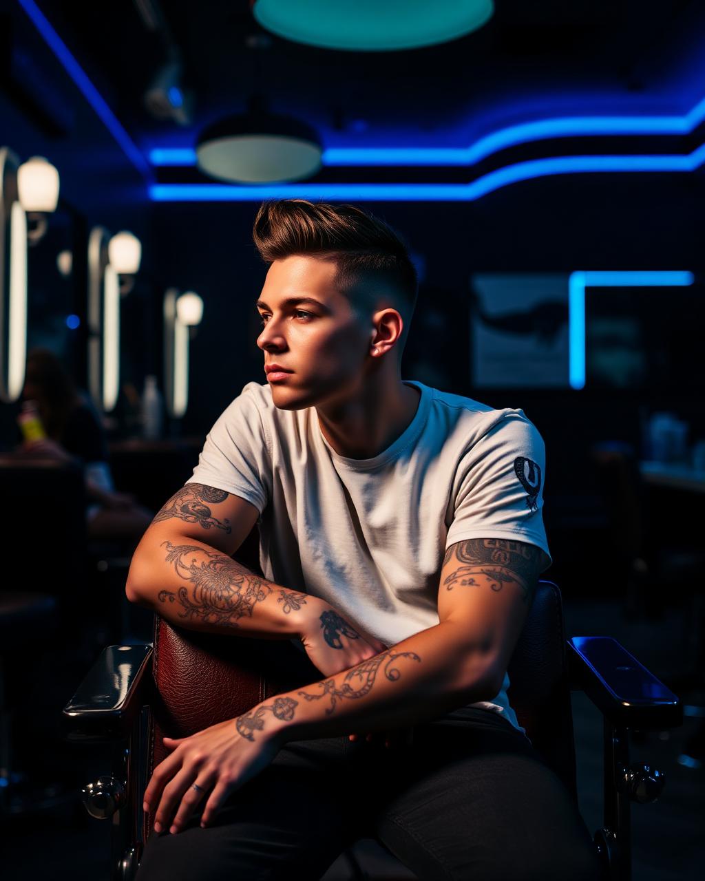 Barber giving a sharp fade in a moody royal-blue lit barbershop